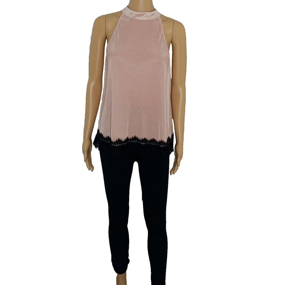 Fate Womens Large Ribbed Classic Casual Mock Neck Tank Top Bottom Lace Pink Top